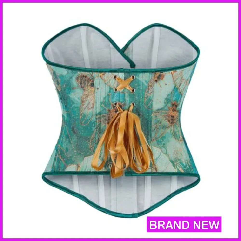 Vintage Floral Bustier Corset Top Strapless Overbust Boned Shapewear Lace Up
